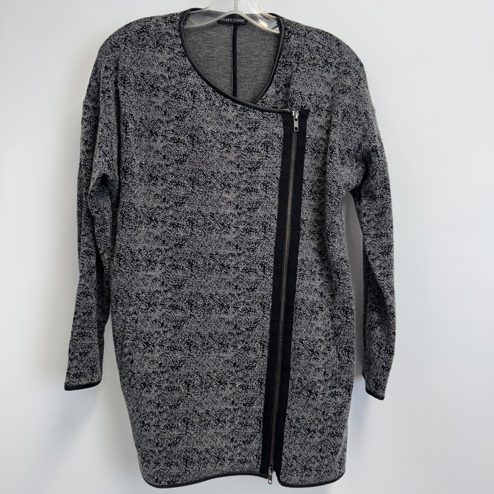 Eileen Fisher Asymmetrical Zip Front Wool Blend Sweater Jacket Gray Size S‎